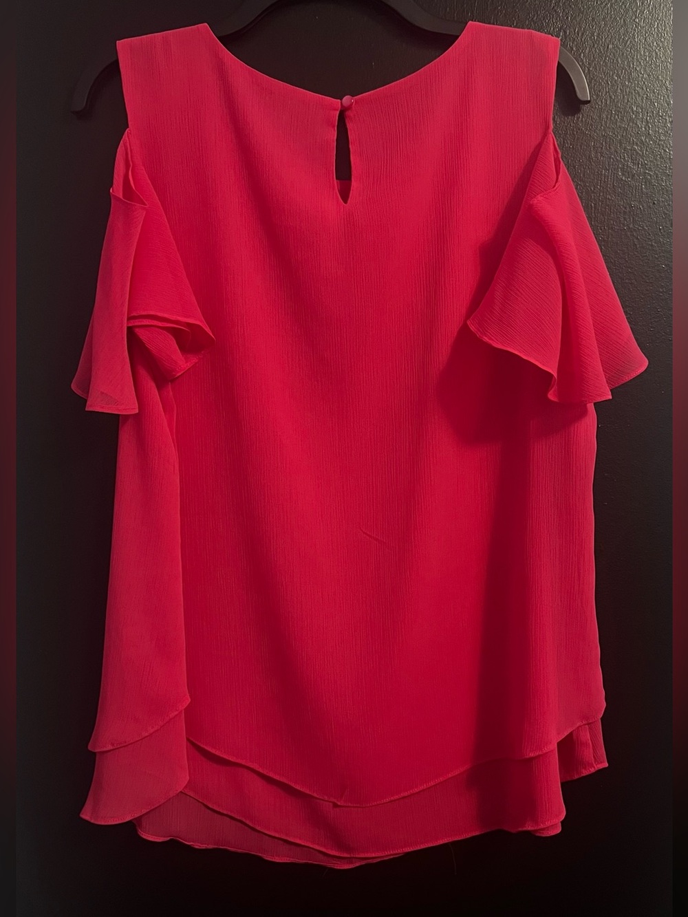 Hot Pink Cold-Shoulder Ruffle Sleeve Blouse - Picture 2 of 3